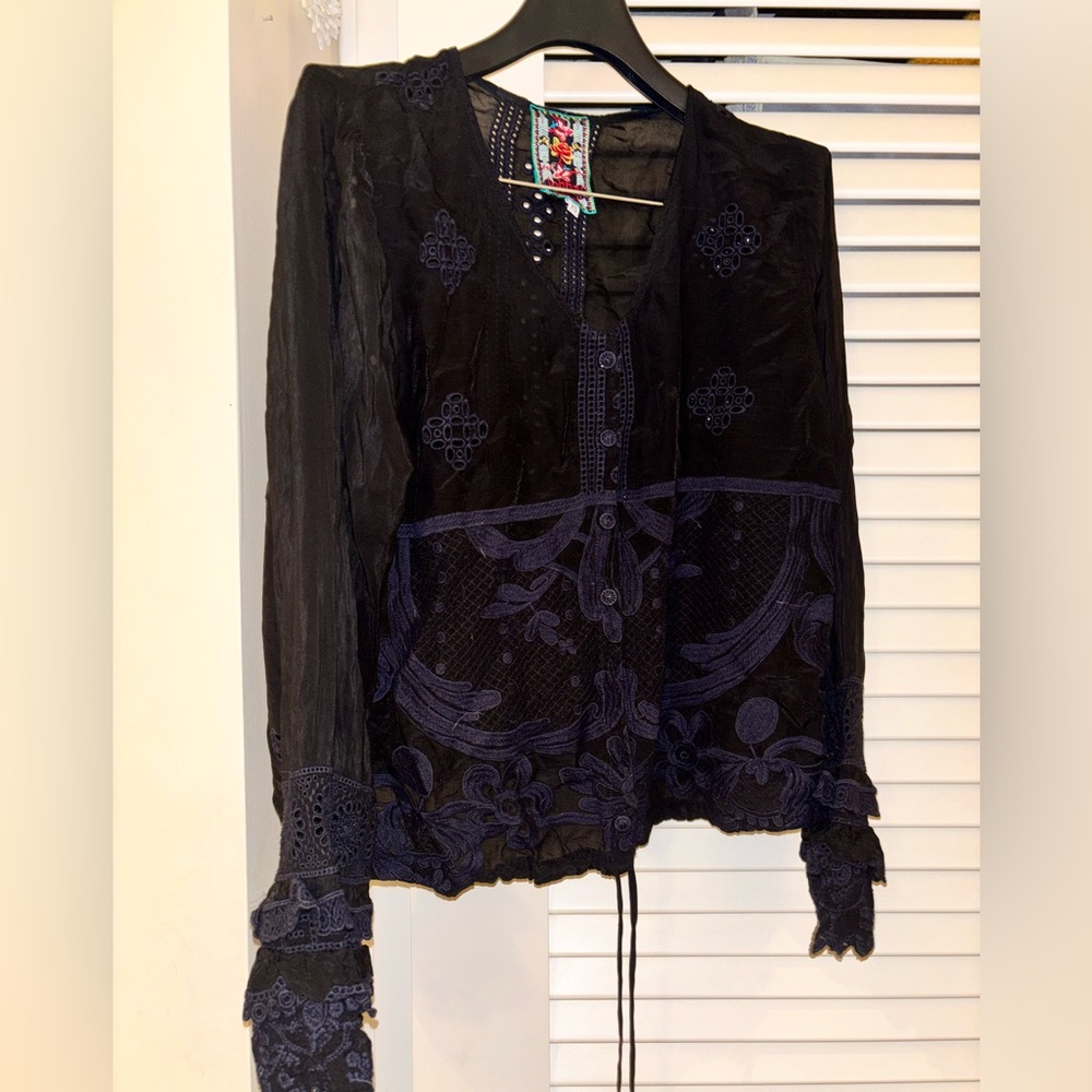 Johnny Was Black Lacey Blouse with Embroidery